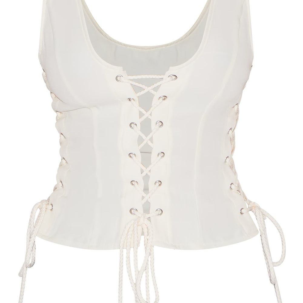 Cream Woven Lace Up Detail Plunge Sleeveless Top PrettyLittleThing